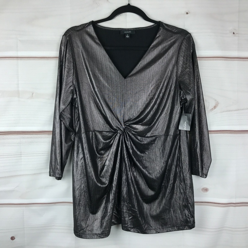Alfani Top Womens 0X Black Metallic Blouse V-Neck 3/4 Sleeve Twist-Front Knit